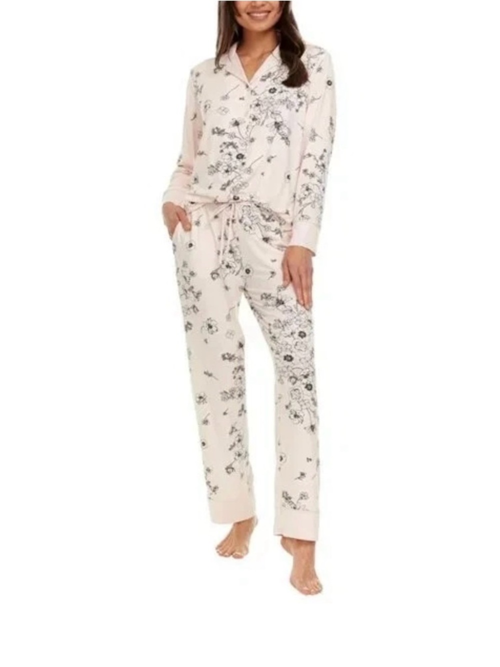 Flora Nikrooz 2-Piece Pajama Set Pink Floral Satin Trim Women’s M NWT